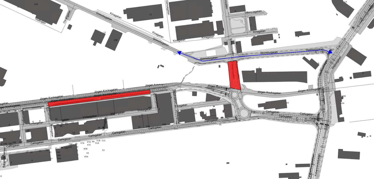 Bilden visar en avstängning på Jörgen Kocksgatan söder från Marsgatan till Jupitergatan samt Fridhamns allé. fordonstrafik omledes via Grimsbygatan.