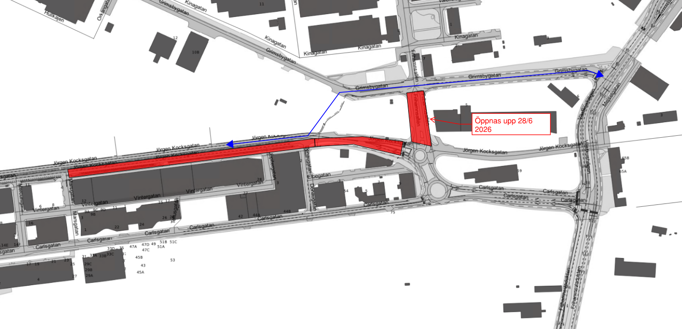 Bilden visar en karta med avstängt arbetsområde på Frihamnsallén och Jörgen Kocksgatan mellan Marsgatan och Frihamnsallén.