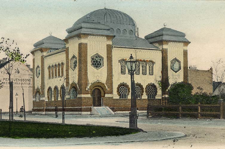 Vykort med Malmö synagoga på.