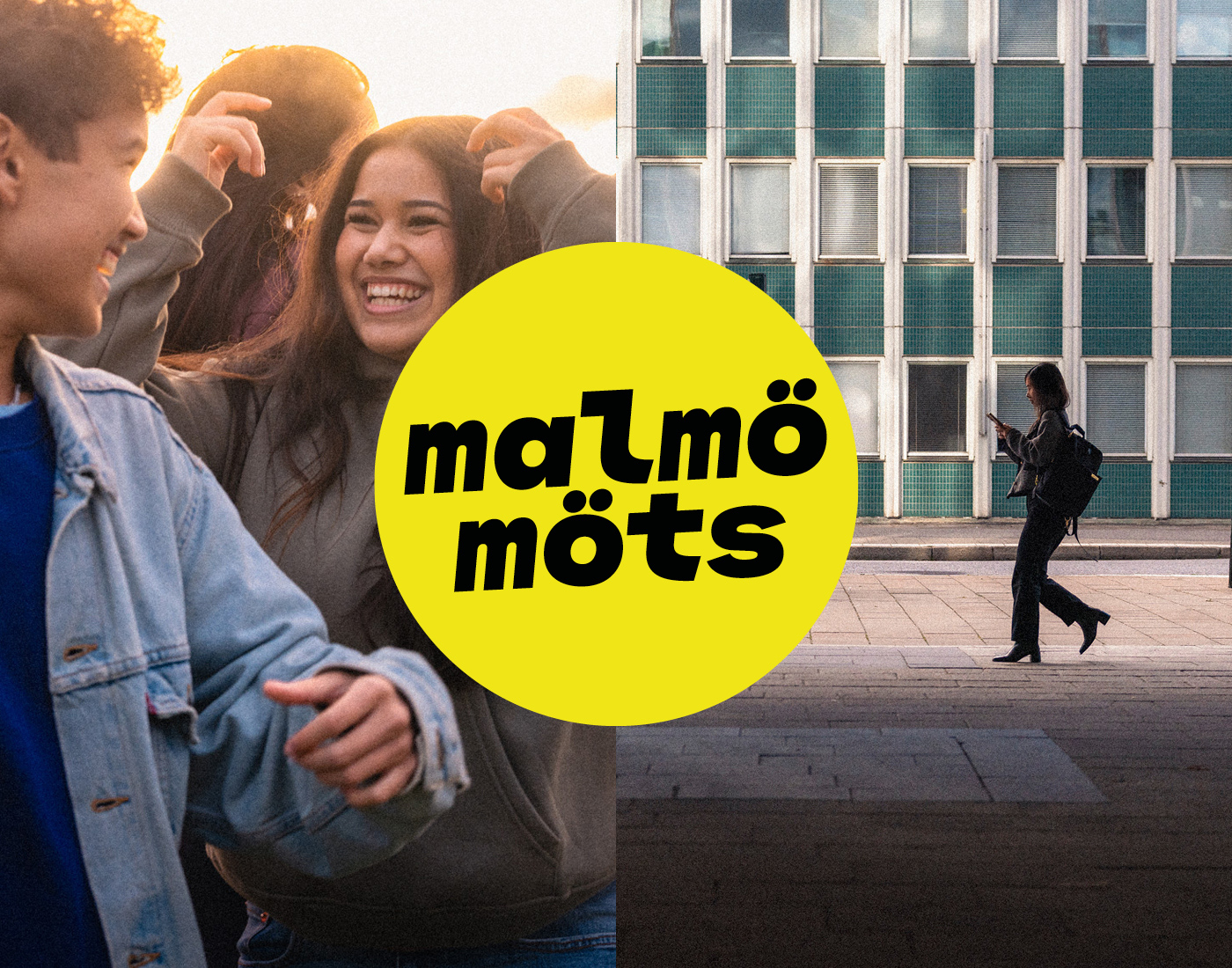 Collage av två foton föreställande unga glada människor och en kvinna som går ensam samt logotyp med texten Malmö  möts.