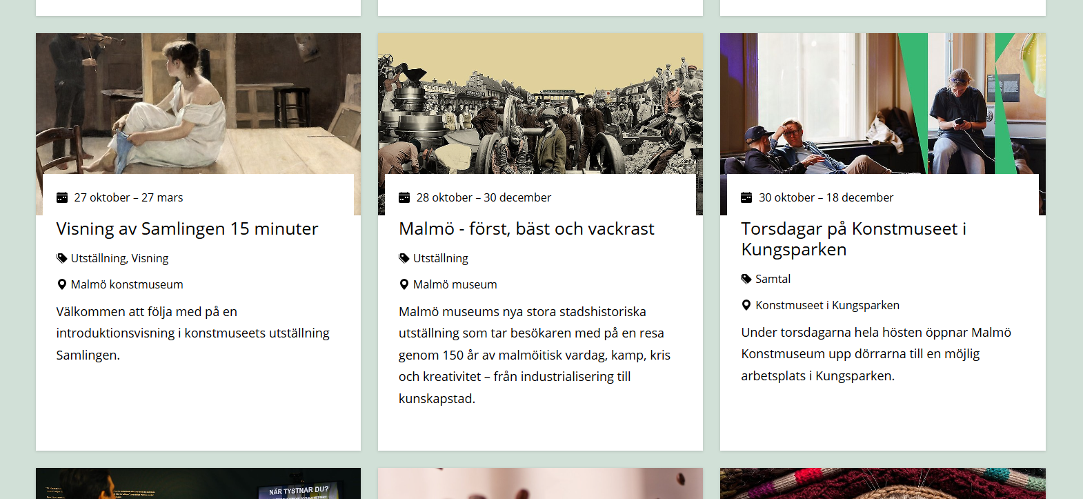 Ditt evenemang presenteras som en puff på en rad med tre evenemang där information som rubrik, datum, plats och evenemangets kategorier syns.