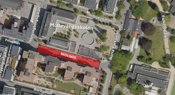 Karta där Skolgatans område är markerat. Ligger på Friisgatan mellan Helsingborgsgatan och Norra Parkgatan.