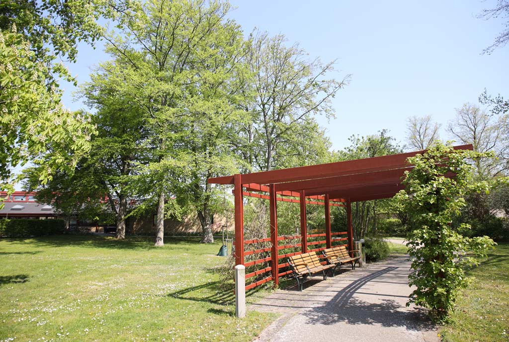 Att sitta i parken skuggad av den röda pergolan med klängväxter ger ro i sinnet.