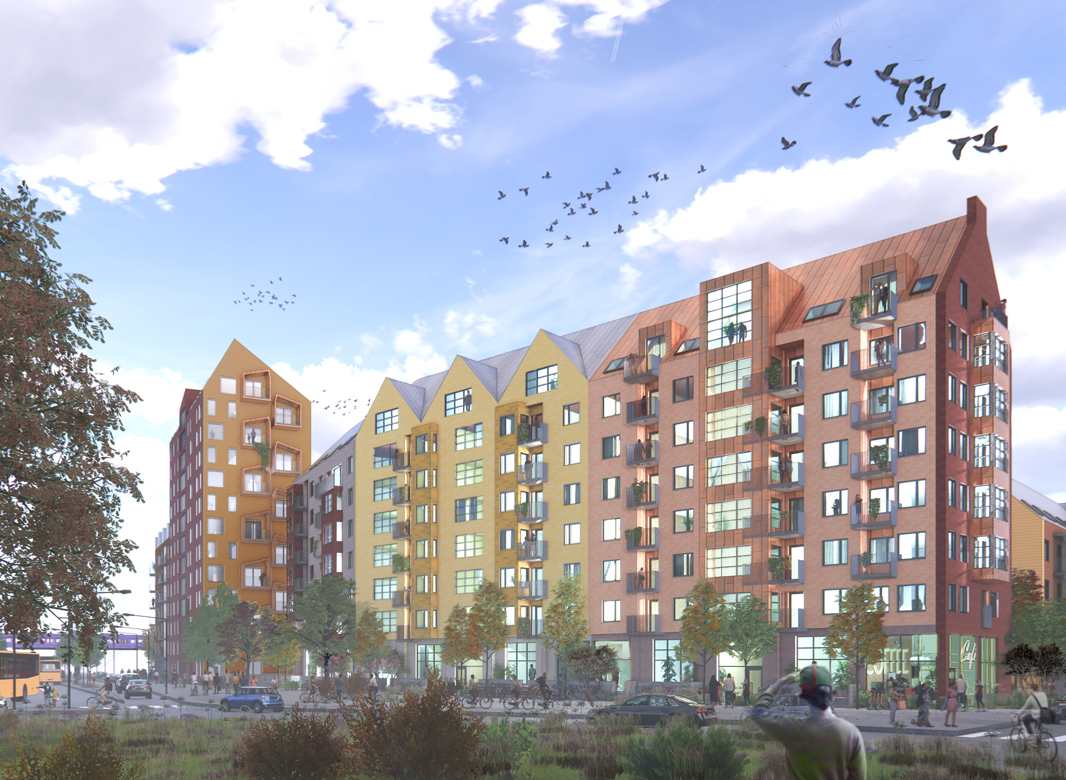 Illustration av höga hus i olika färger som visar hur det nya bostadsområdet kommer se ut. 