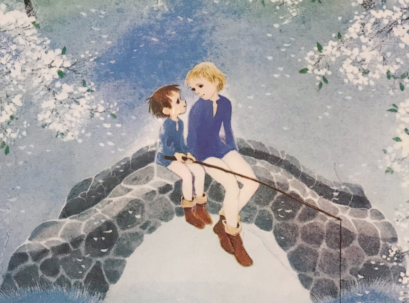Ilustration av två pojkar som sitter på en bro.