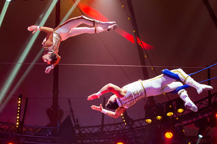 Två cirkusartister gör flygande trapetskonster.