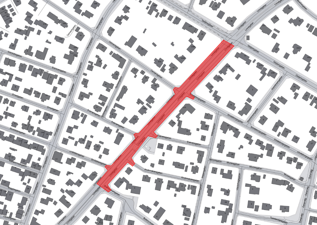 Bilden visar en karta med avstängning mellan Boktryckaregatan och Geijersgatan samt mellan Västanväg och Rudbecksgatan. Under en period kommer Västanväg stängas av för  ledningsarbete.