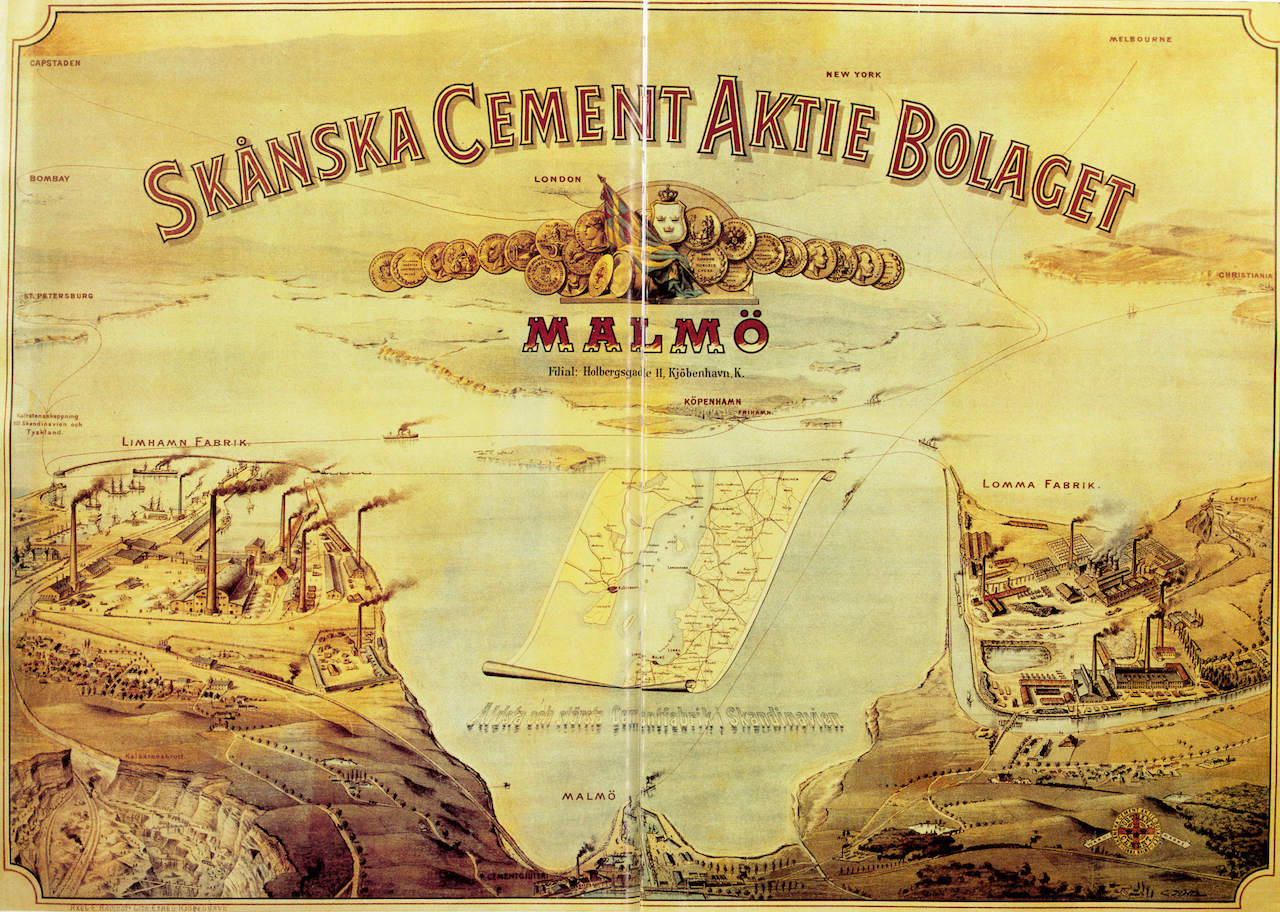 Limhamns och Lommas cementfabriker på en affisch från 1890-talets början. Ur Malmö stads historia, vol 4.