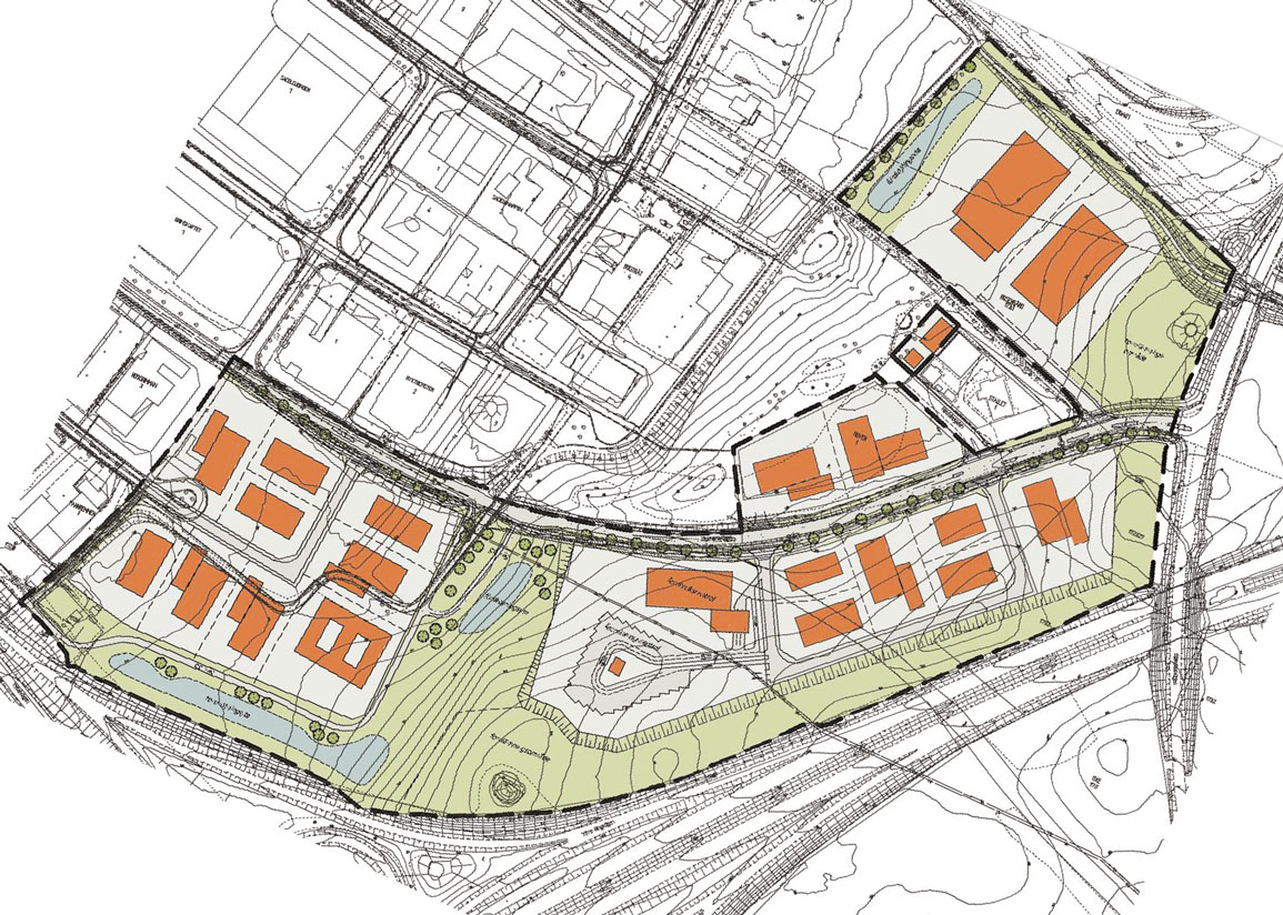 Illustrationsplan över verksamhetsområdet Elisedal, omgivet av flera större vägar i Malmö.