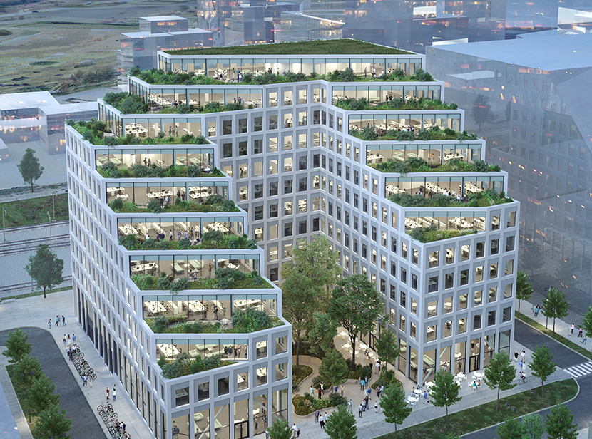 Illustration av en modern kontorsbyggnad med terrasser fyllda med växtlighet på varje våning. Byggnaden är utformad i en trappstegsstruktur som skapar flera nivåer med grönområden.