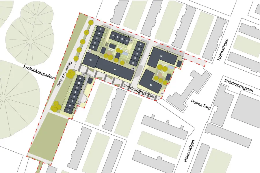 En karta över ett bostadsområde i Västra Holma som visar byggnader, gång- och cykelvägar samt närliggande grönområden som Krokbäcksparken. Området är markerat med en röd streckad linje och byggnaderna är ordnade runt innergårdar med träd och planteringar. Gator och torg är namngivna, såsom Holma Torg och Snödroppsgatan