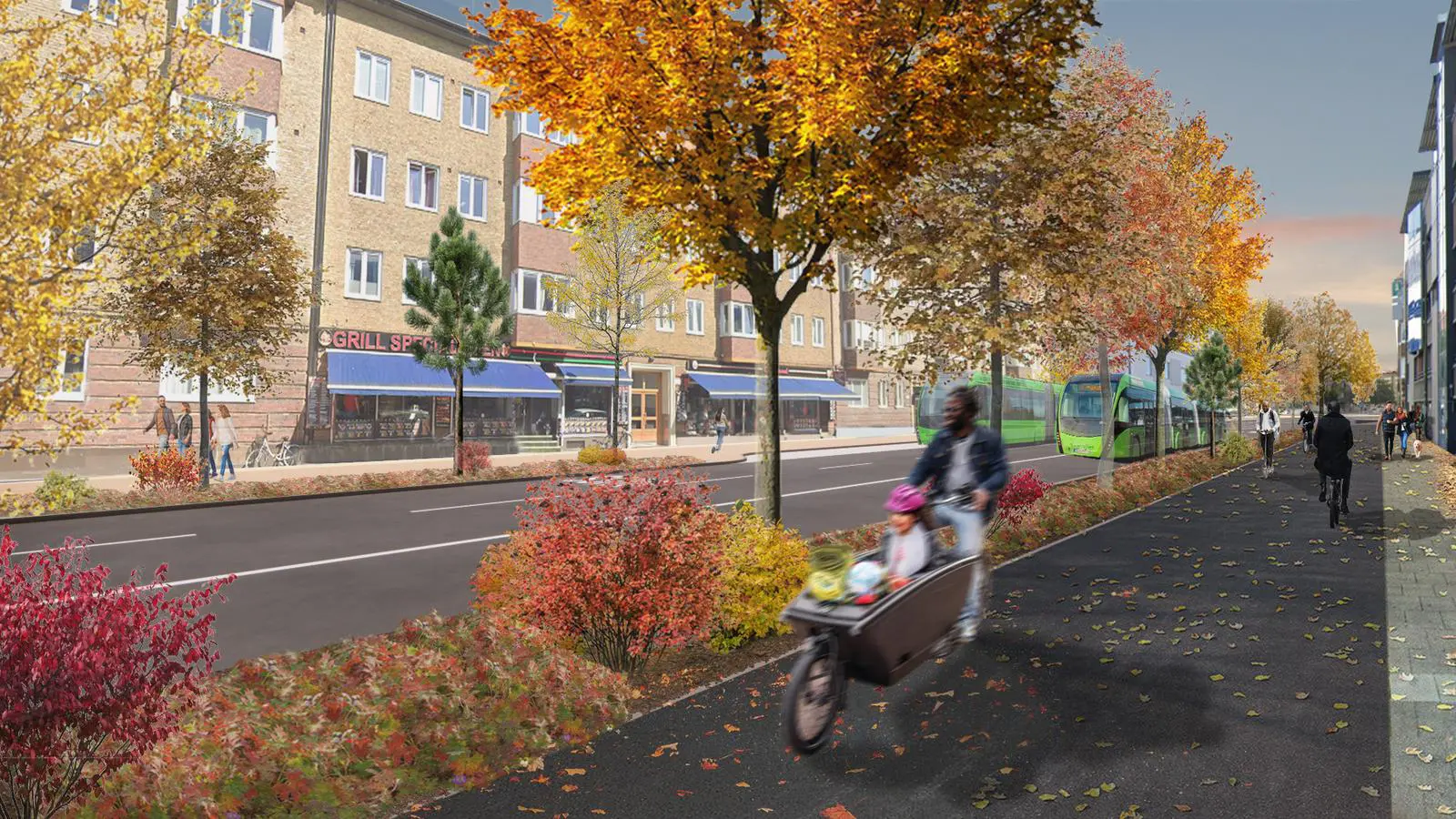 Visionsbild över Södra Förstadsgatan. Gatan har nya breda gång- och cykelbanor och längs gatan syns flera stora träd.