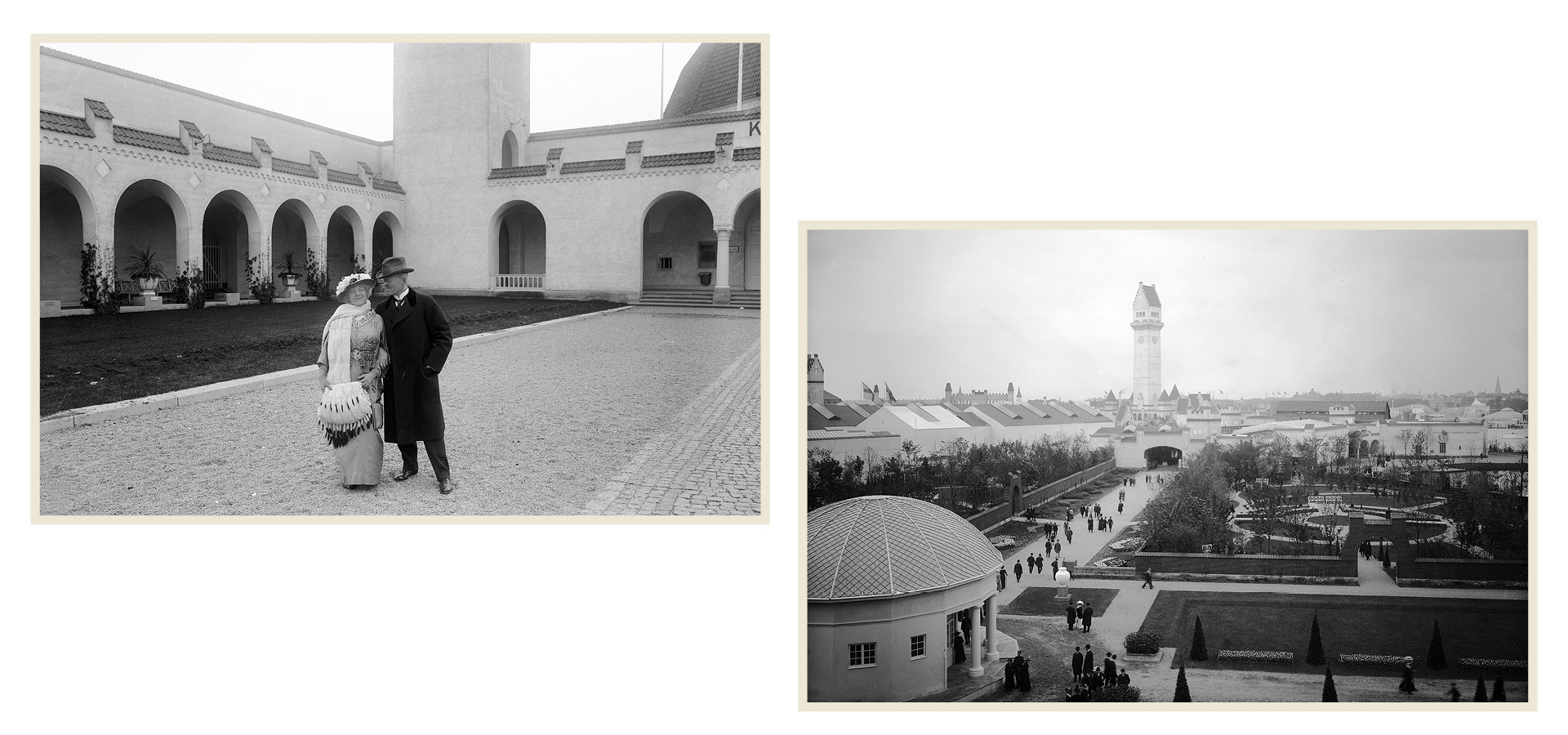 Två bilder i samma foto. En elegant klädd man och kvinna står framför de historiska valven vid Baltiska utställningen i Malmö 1914. Miljön präglas av klassisk arkitektur och stil. Bild två: En överblick av Baltiska utställningens område med det ikoniska tornet och en fontän i centrum. Folkmassor samlas i området som är omringat av ståtliga byggnader.