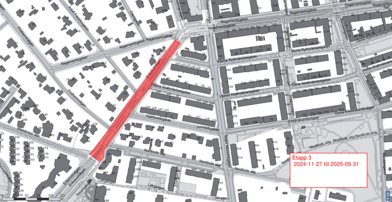 Kartbild visar etapp 3 av arbetet på Erikslustvägen. Arbetsområdet sträcker sig från Regementsgatan ner till Marietrops allé.
