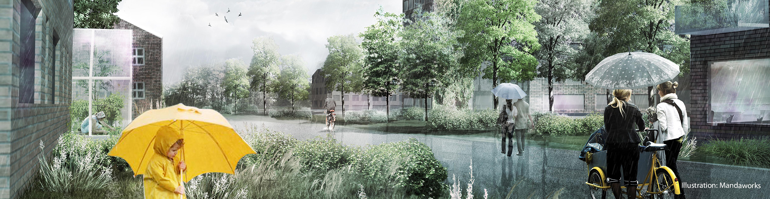 Visionsbild över framtidens bostäder i Sege Park. Illustration: Mandawork