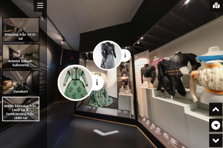 Skärmklipp på hur det kan se ut i de virtuella turerna. Med hjälp av pilarna i Google streetview-verktyget kan du navigera runt i lokalerna. Vissa föremål är klickbara. Dessa föremål presenteras med bild och en kort text.