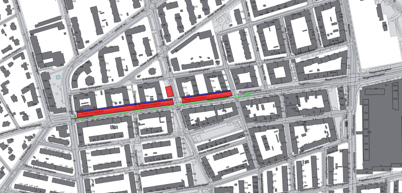 Bilden visar en karta med avstängt arbetsområde på Regementsgatan och omledning av fordonstrafiken.