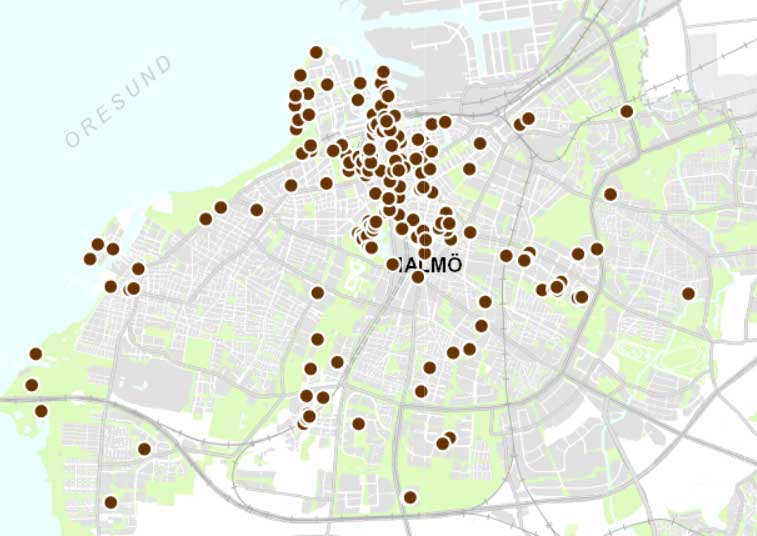 Karta över Malmö med många små bruna prickar på