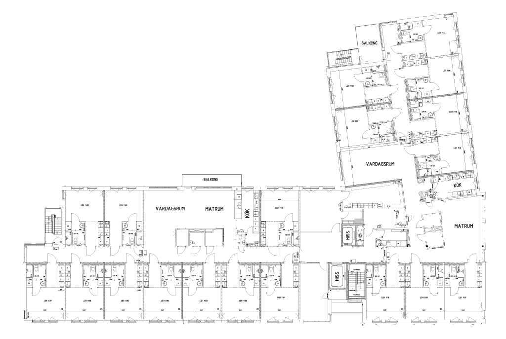 Ritning över ett våningsplan. Planet delar sig i två avdelningar. Båda avdelningar har varsin matsal, gemensamhetsutrymme och gemensam balkong.