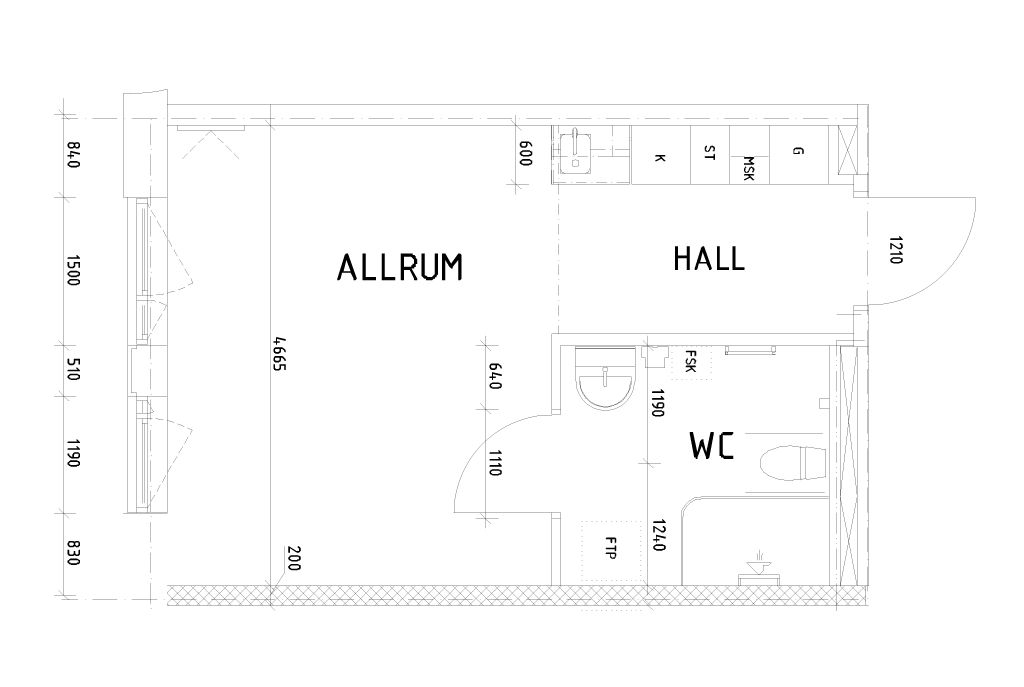 Ritning över lägenheten som inleds med en hall med pentry, som fortsätter in i ett mindre allrum. Det stora badrummet har plats för diverse hjälpmedel.