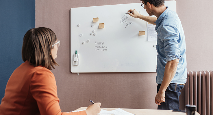 Två personer i ett möte framför en whiteboard