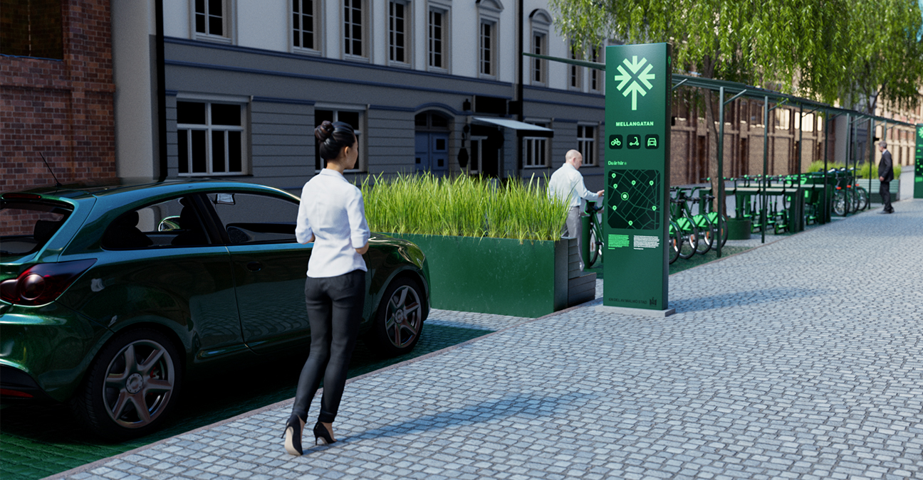 Skiss av mobilitetshubb i stadsmiljö med elsparkcyklar, cyklar och buss i förgrunden.