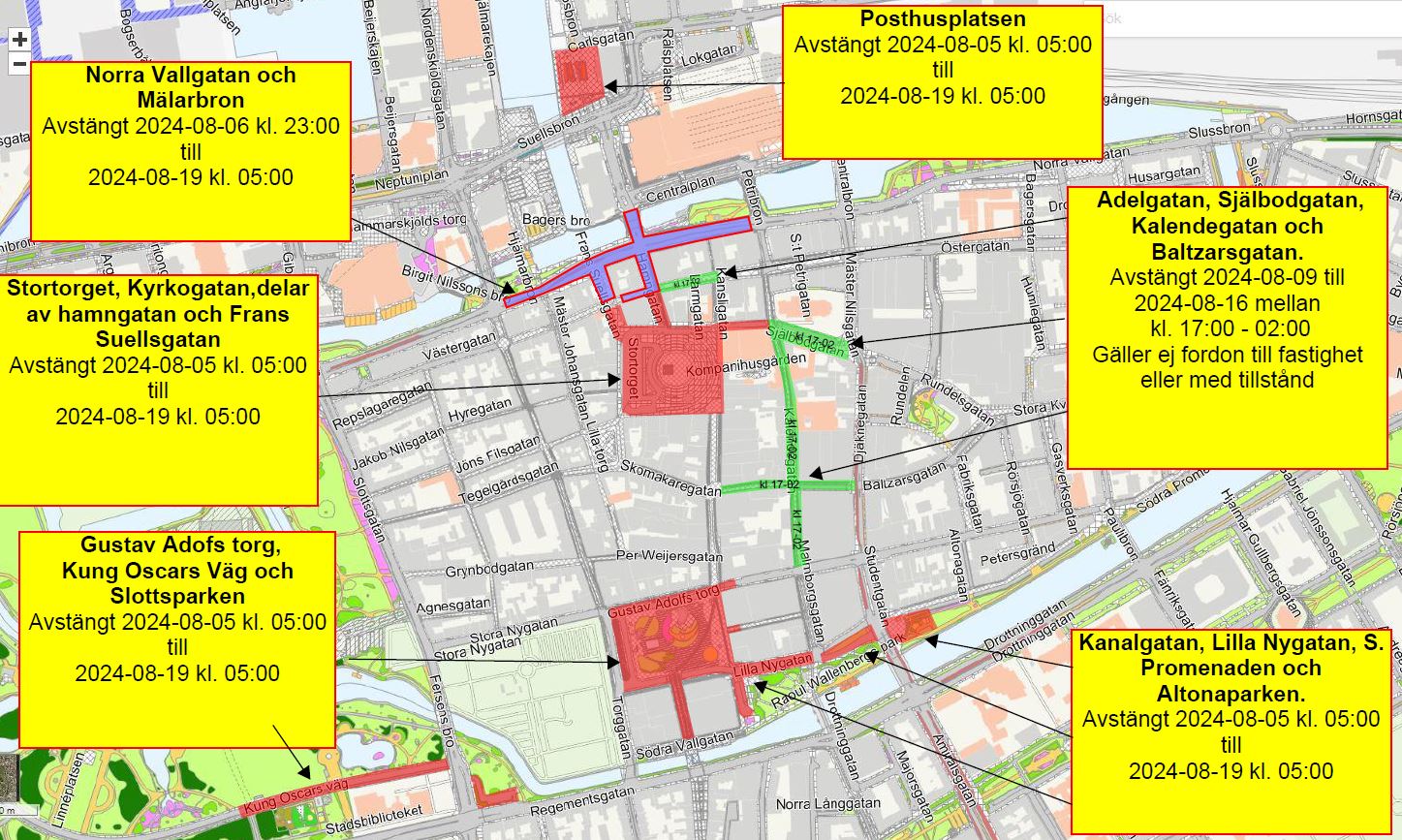 Karta över vägavstängningar i centrala Malmö