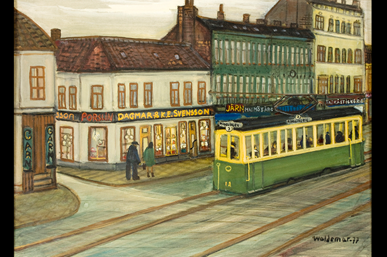 Gatumotiv med spårvagn. Signerad Waldemar -77. © Åke Waldemar Larsson.
Foto: Vladimira Tabáková / Malmö museum.
