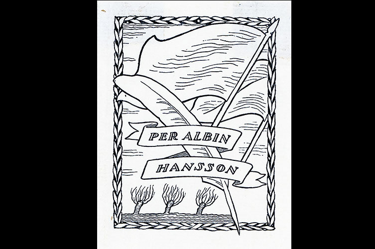 Valmanifest. Exlibris.  Svart tryck på vitt
papper. Fanor och pilträd. Skannat material / Malmö Museer.