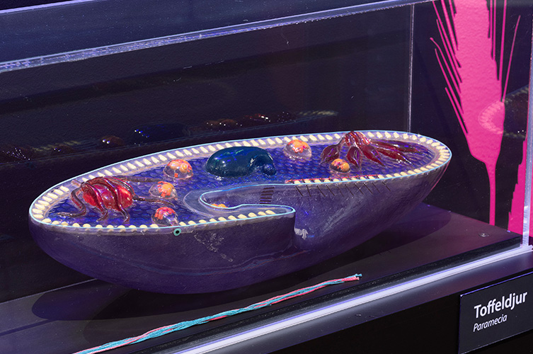 I utställningen finns flera större modeller av uppförstorade  toffeldjur.