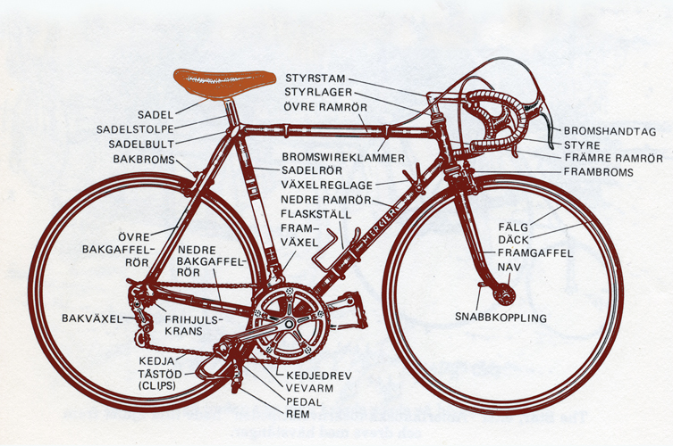 Illustration av cykel med cykelns delar utsatta.
