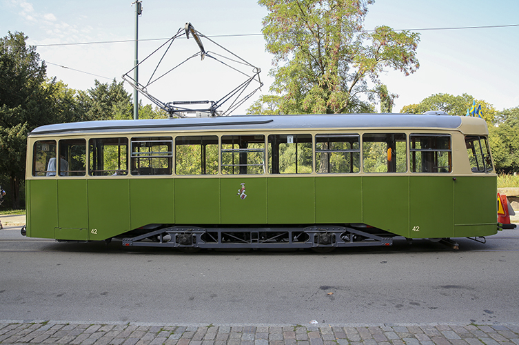 Spårvagn, motorvagn 42, typ H. 24 sittplatser, 52 ståplatser. Foto: Mats Fredholm / Malmö museum.