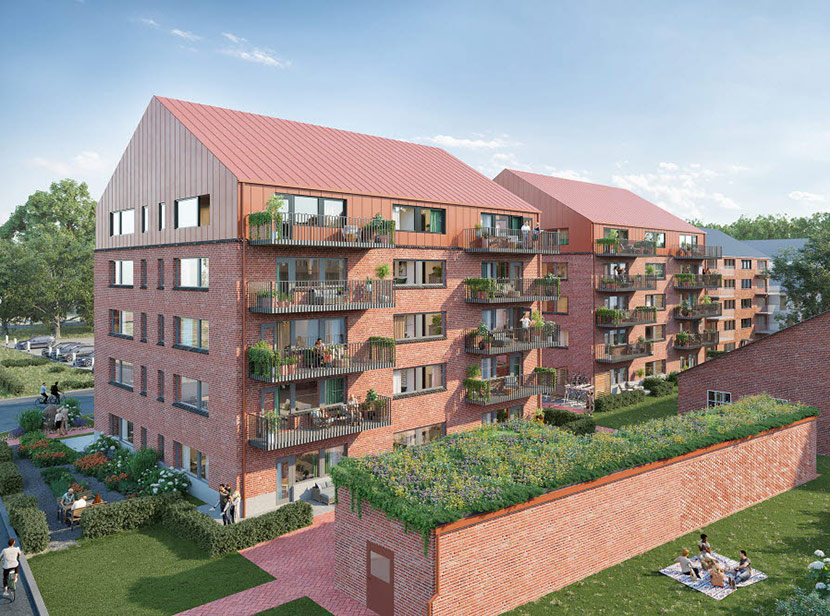 Serneke bygger två flerbostadshus med bostadsrätter i Sege park. Visionsbild: Studio3D