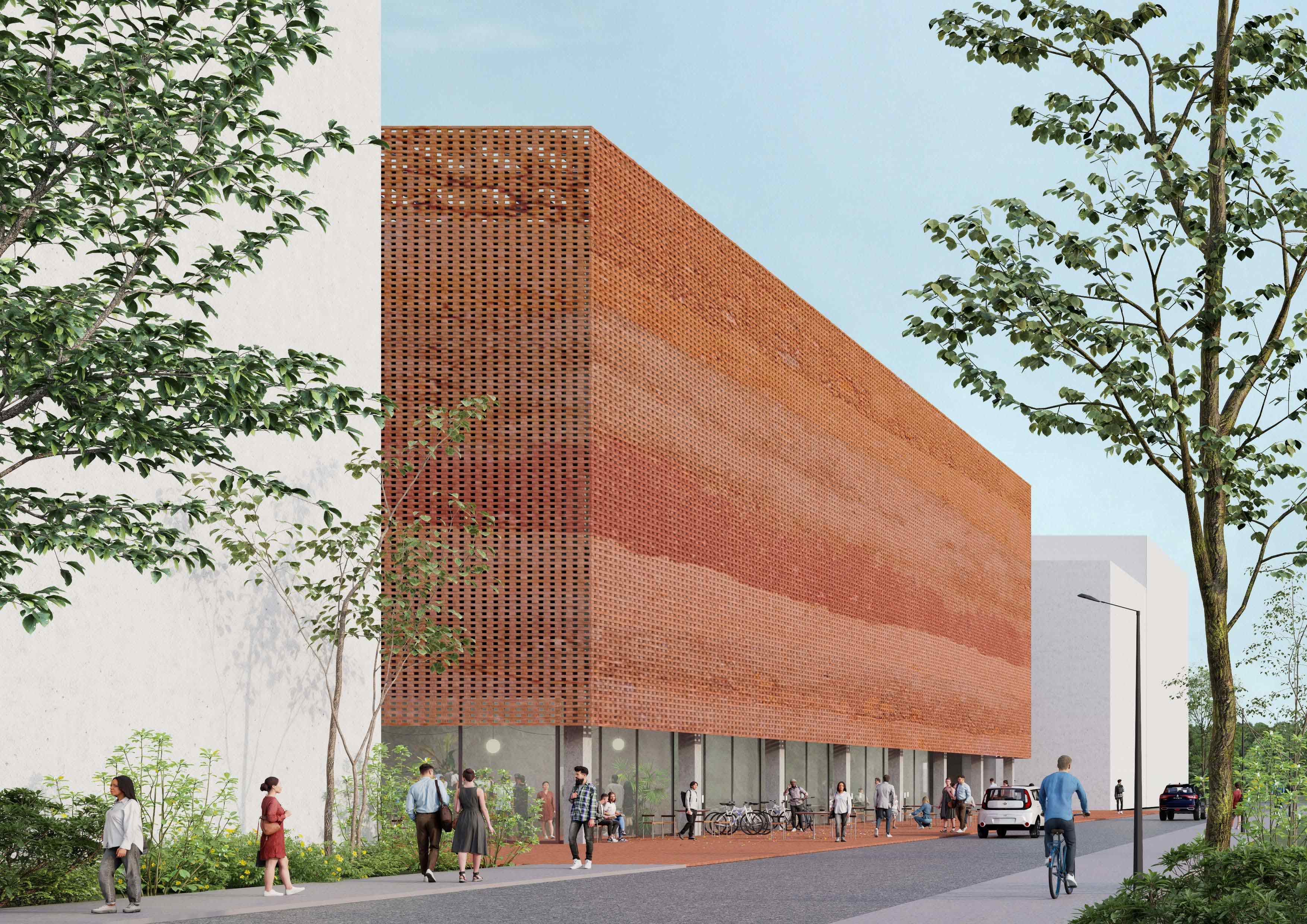 Flygfoto som bland annat markerar området Öster om Mässan där en arkitekttävling ska ske.