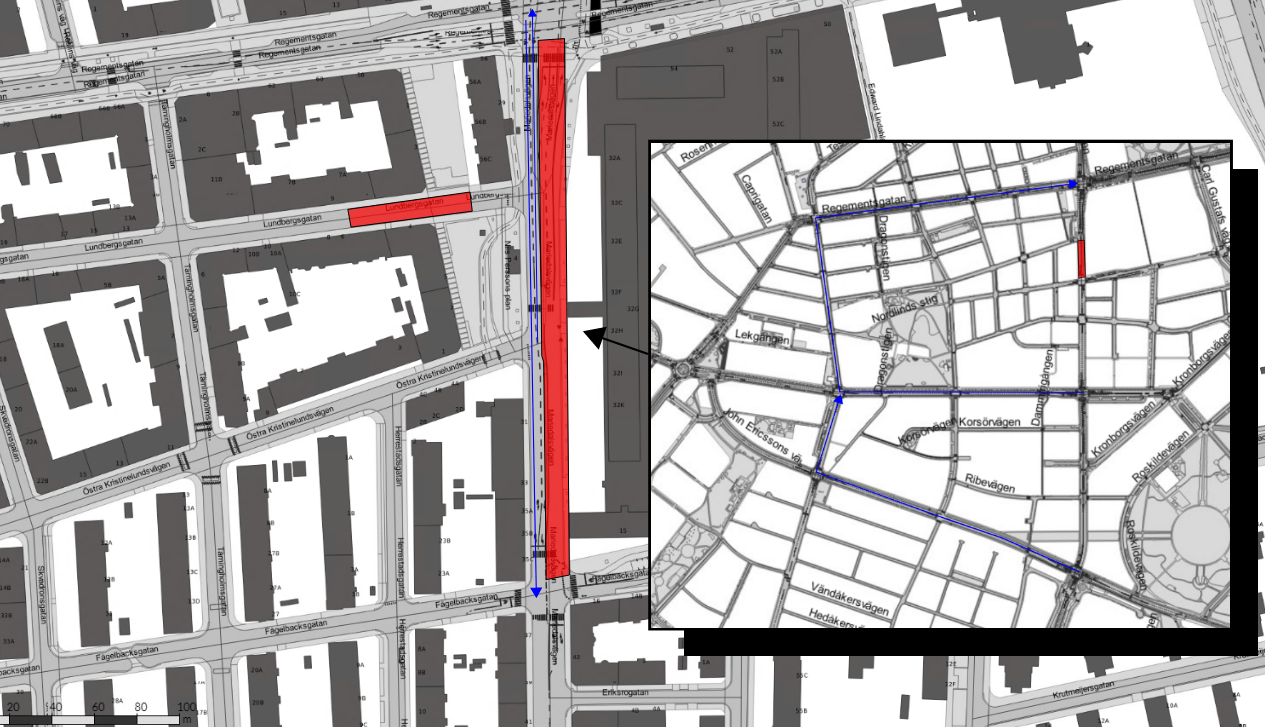 Mariedalsvägen stängs av i nordlig riktning och Lundbergsgatan är avstängd för fordonstrafik.