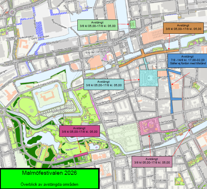 Karta över avstängda gator i Malmö med olika datum och perioder för avstängningarna.