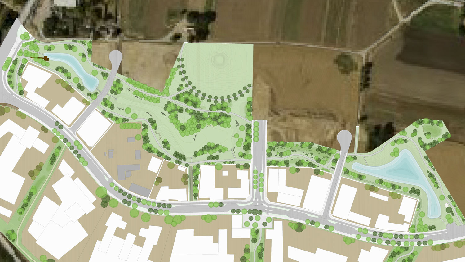 Ritning över den långsmala, planerade Platinaparken med gravhög och omgivande landskap, kommande bebyggelse, nya gator mm.