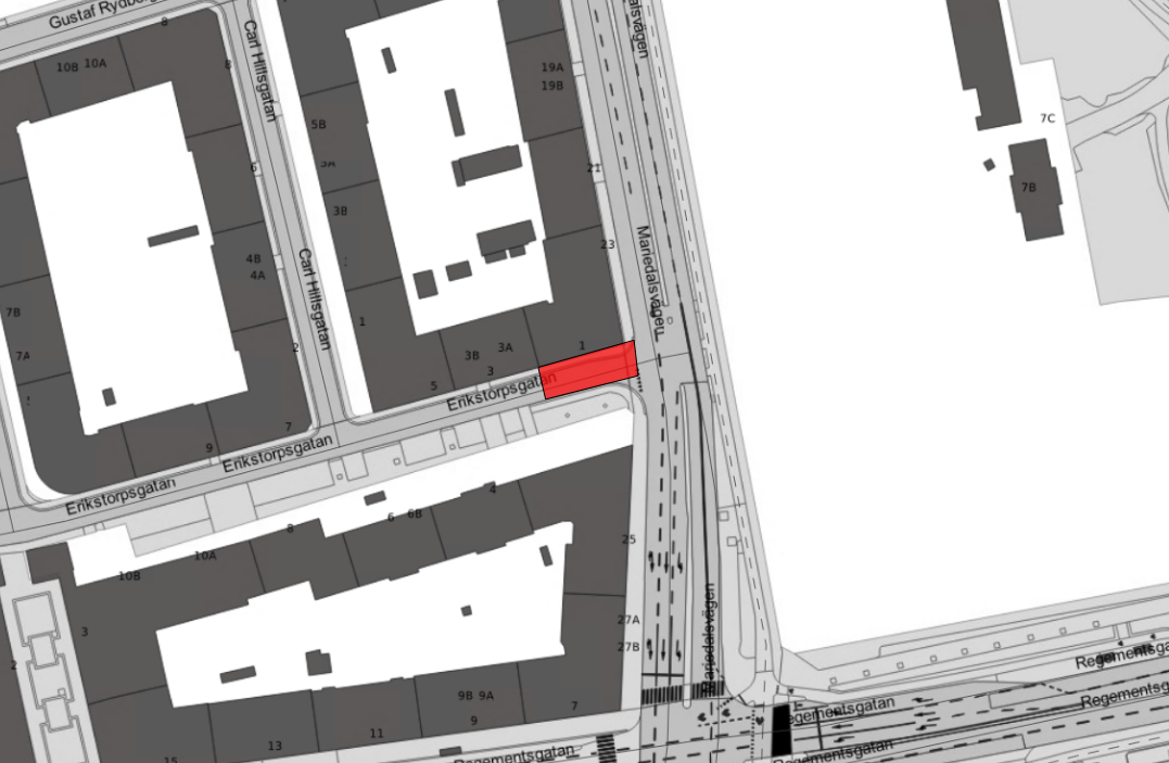 Avstängt område i korsningen Erikstorpsgatan och Mariedalsvägen.