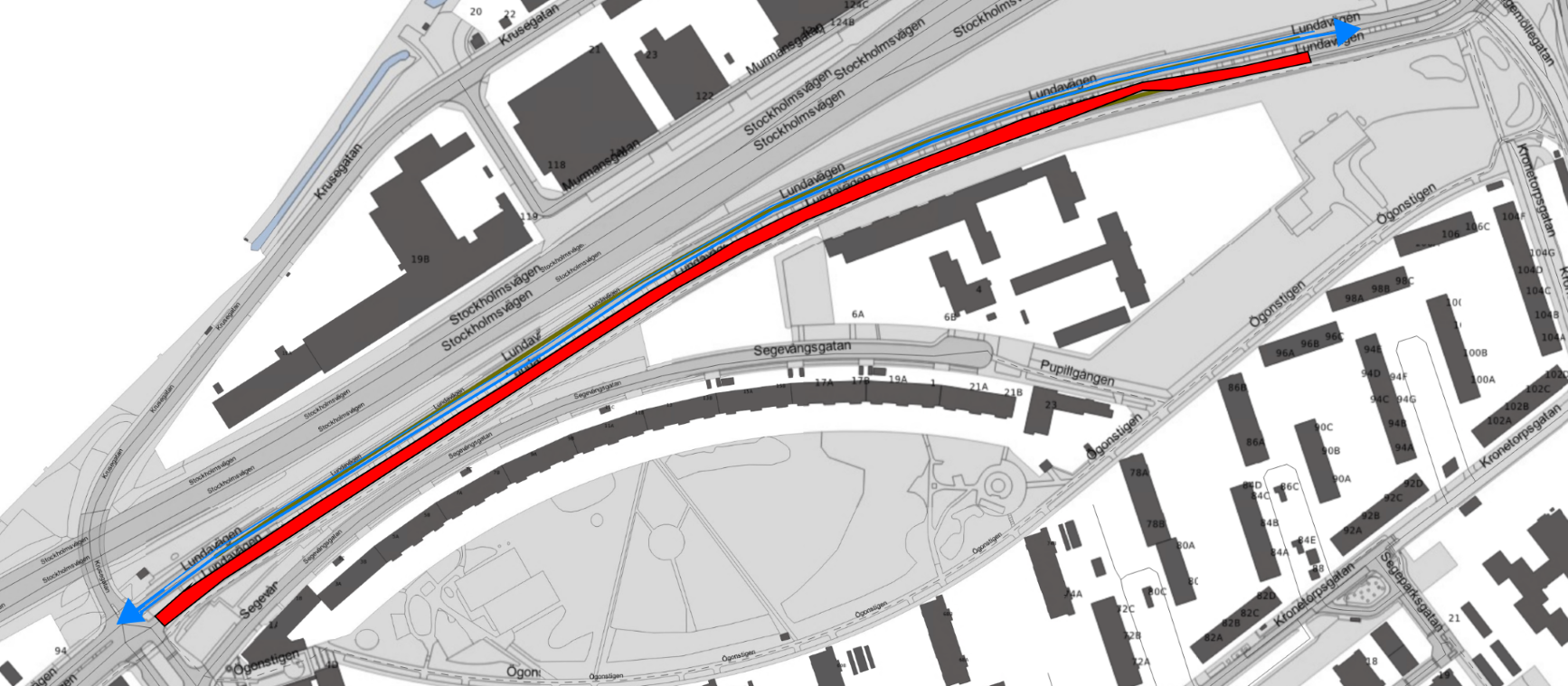 Arbetsområdet på Lundavägen mellan Östra Fäladsgatan och Segemöllegatan.