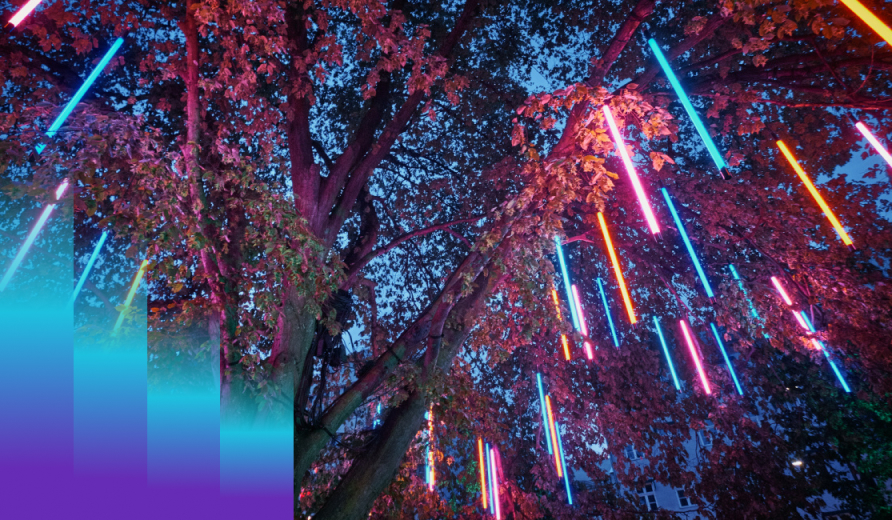 Ljusstavar i olika färger hänger i ett träd