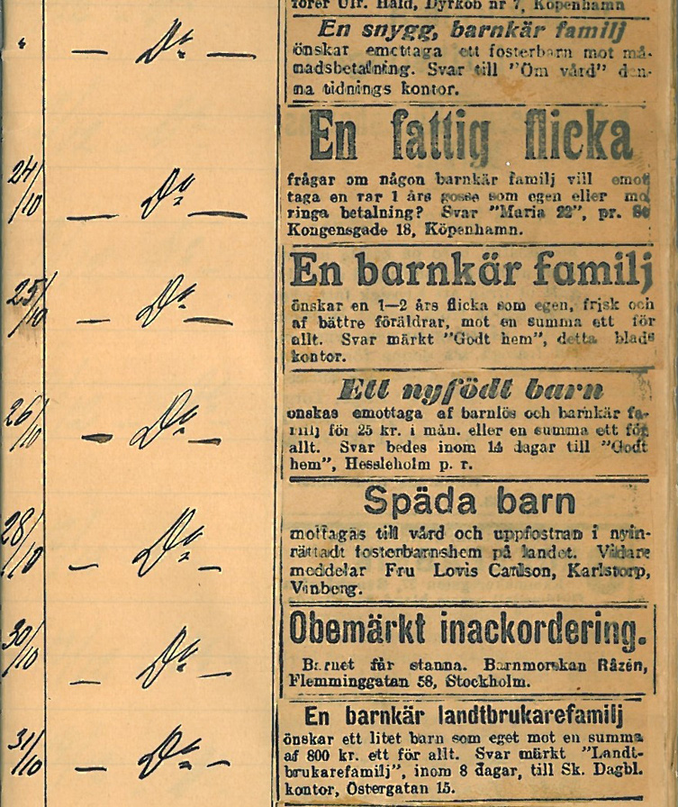 Äldre tidningsurklipp med annonser. 
