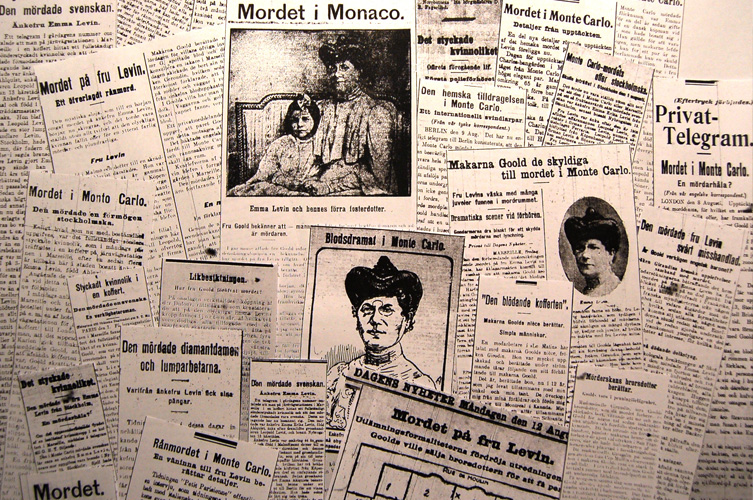 Collage av äldre tidningsurklipp om mordet.