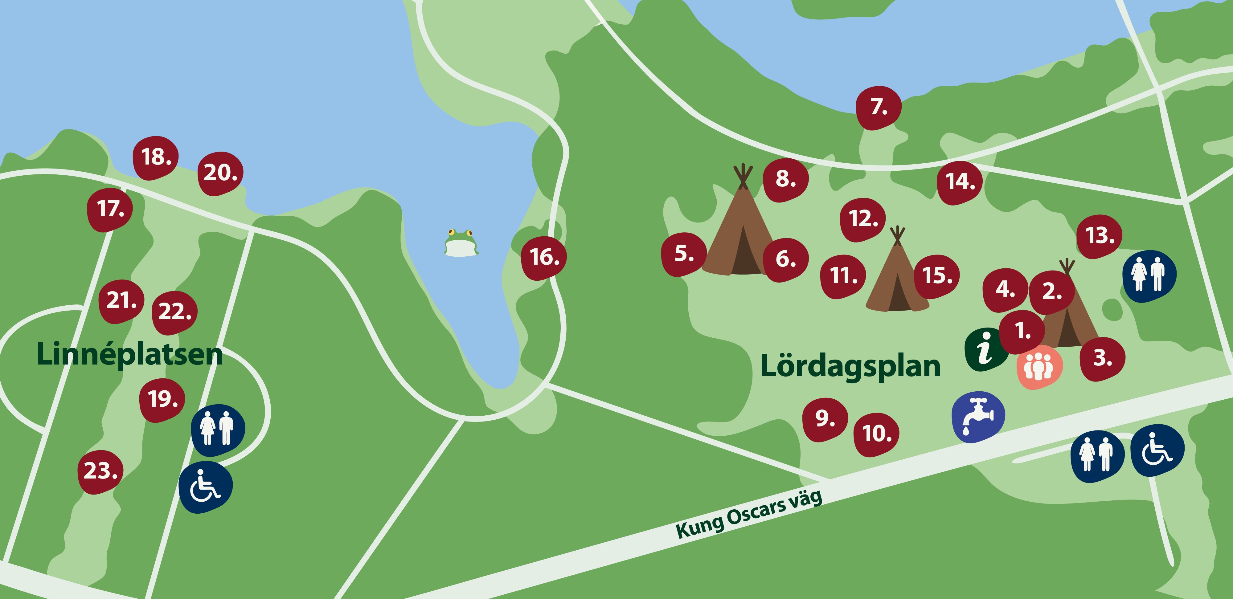 Illustration i form av en karta över Linnéplatsen och Lördagsplan i Slottsparken, siffror, olika ikoner och text finns utplacerade på kartan.