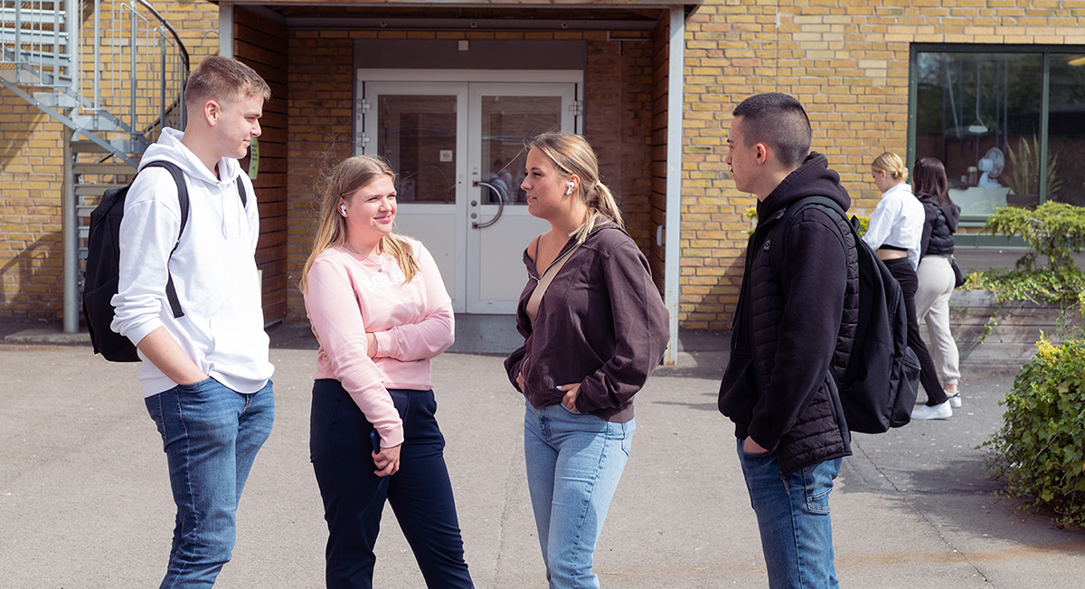 Fyra elever i samtal framför skolans entré.
