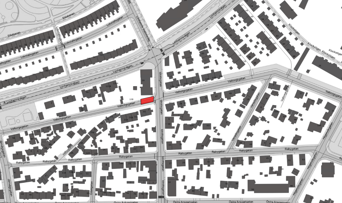 Arbetsområdet på Valborgsgatan i anslutning med Idrottsgatan.