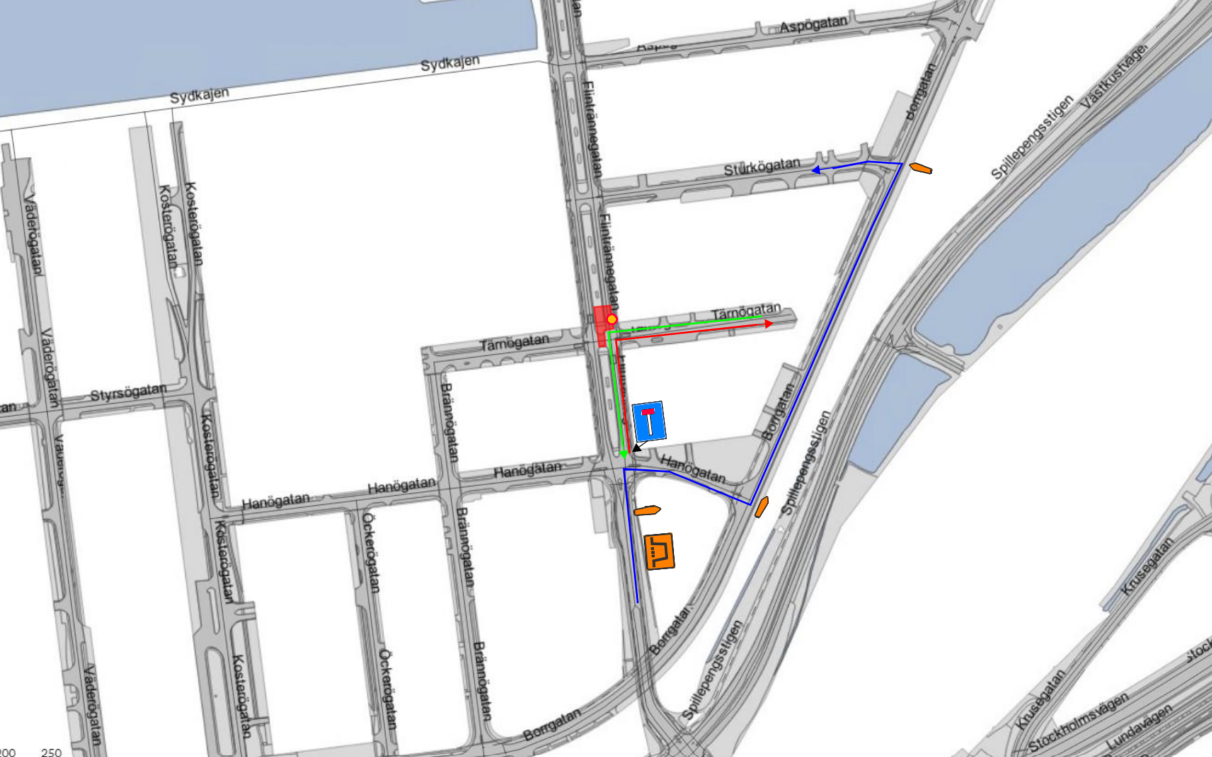 Arbetsområdet på Flintrännegatan i höjd med Tärnögatan.