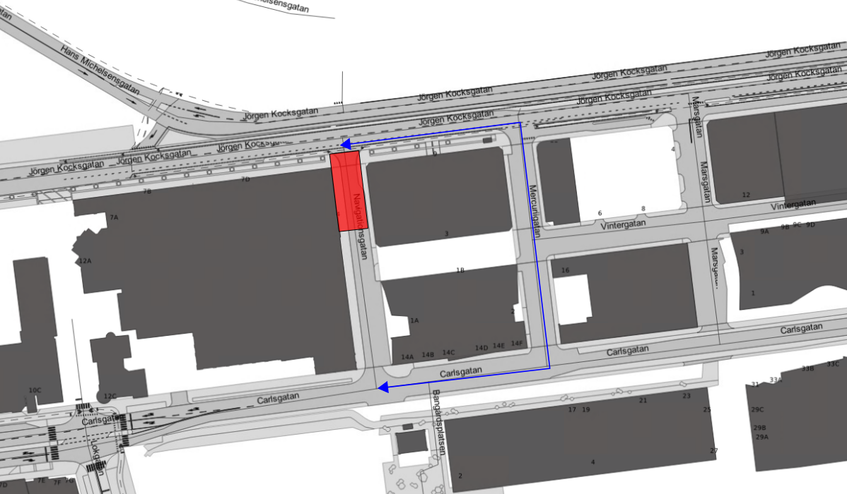 Arbetsområdet på Navigationsgatan i anslutning med Jörgen Kocksgatan.