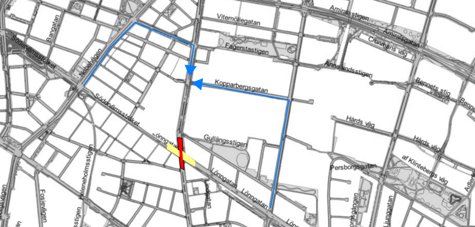 Arbetsområdet i korsningen Lönngatan och Lantmannagatan.