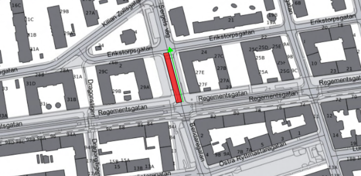 Bilden visar en karta med avstängning av Sergelsväg mellan Regementsgatan och Erikstorpsgatan i sydlig riktning. Klicka på bilden för att förstora den.