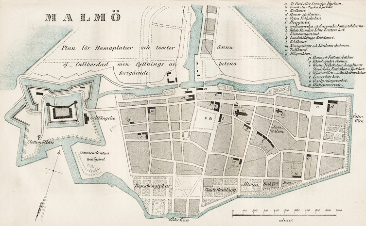 Karta som visar Malmö på 1850-talet.
